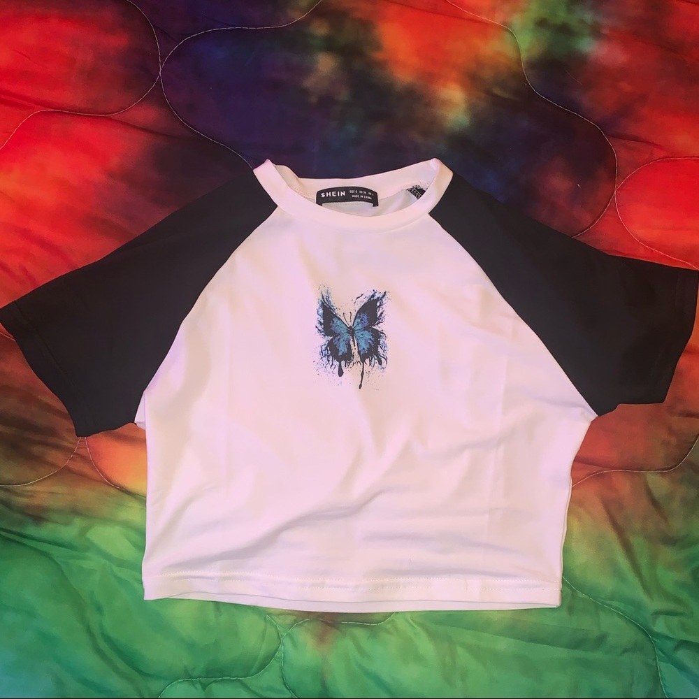 SHEIN crop top black and white butterfly